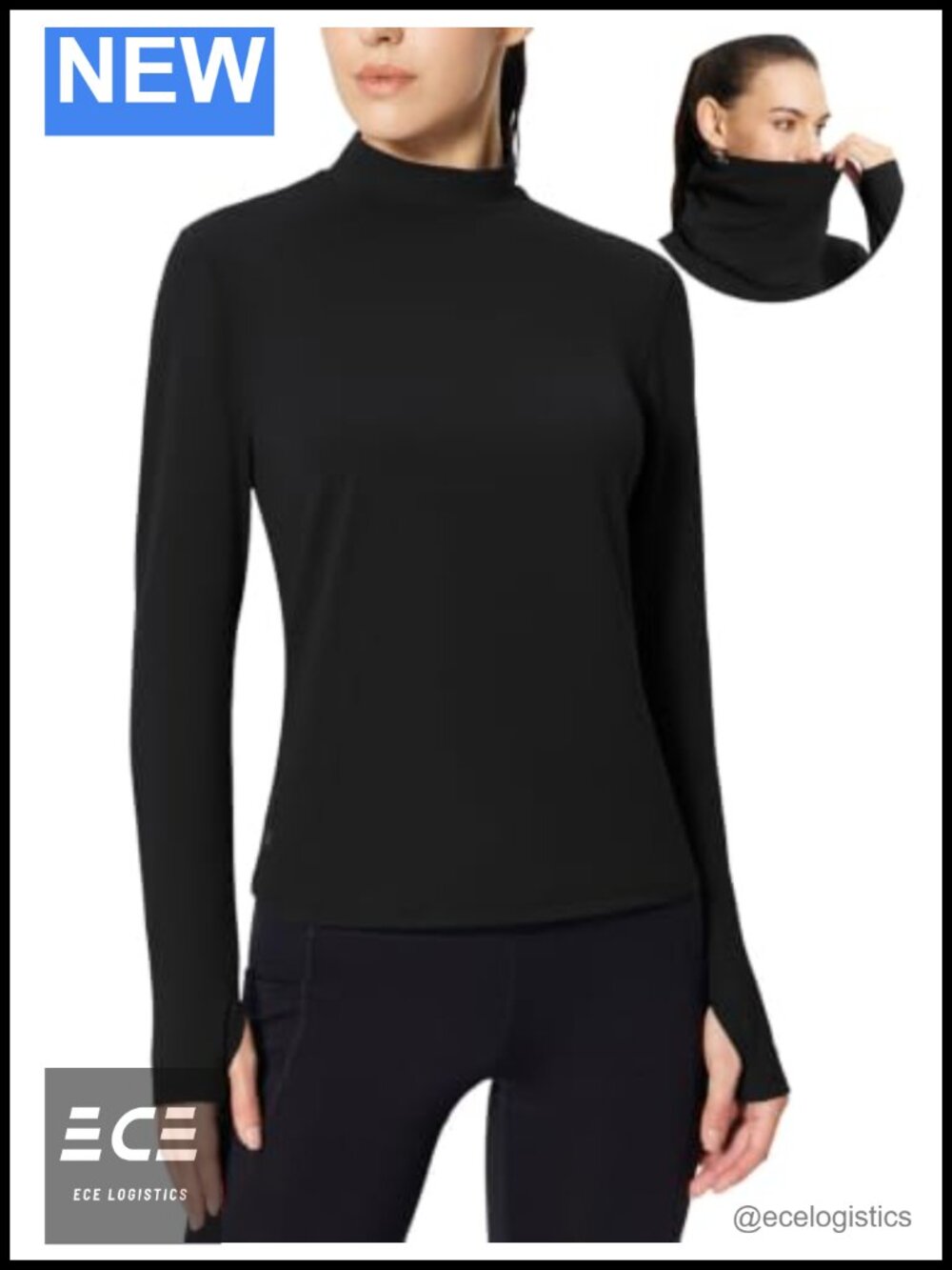 Thermal Fleece Lined Long Sleeve Mock Neck Base Layer Top with Neck Gaiter